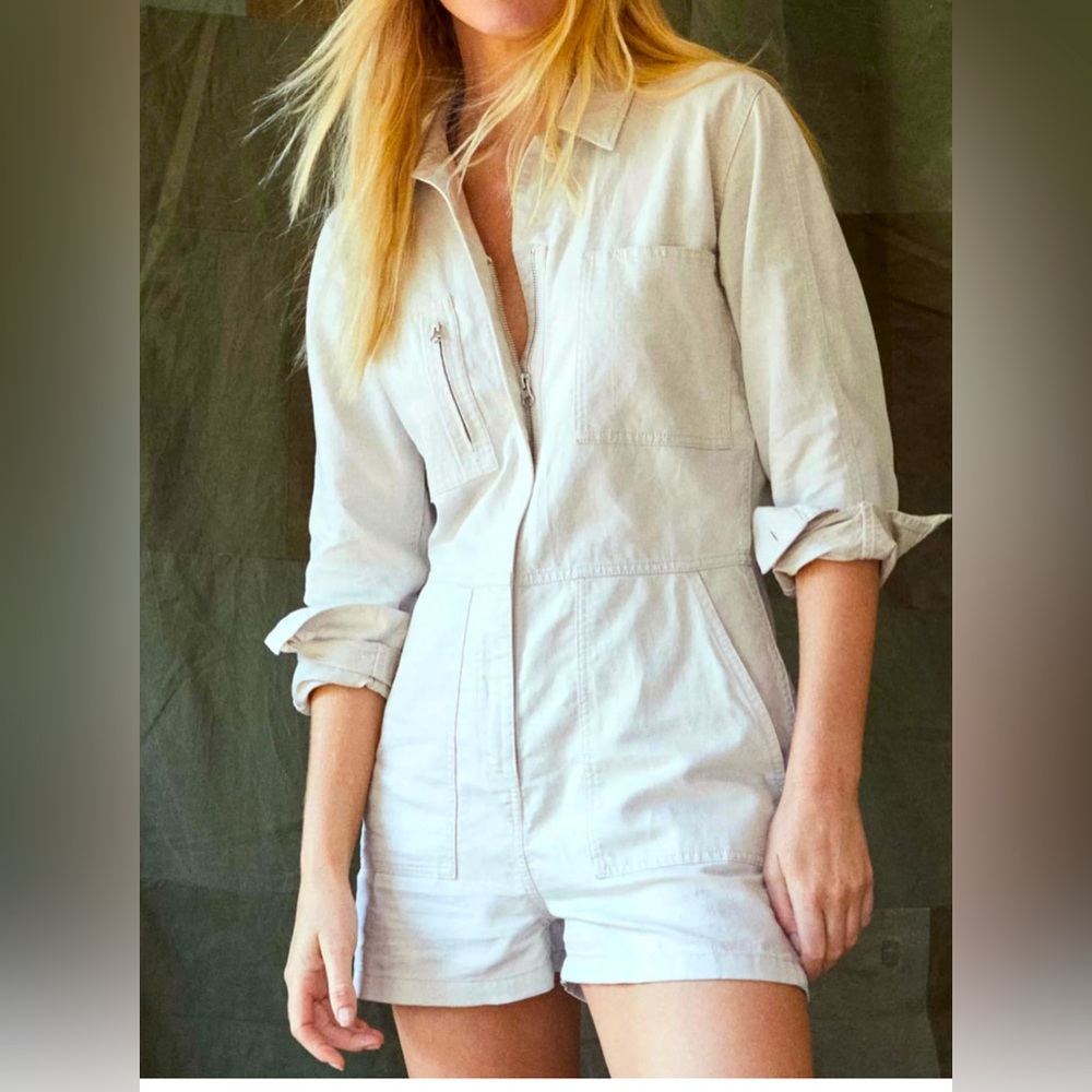 OUTERKNOWN STATION SUIT SHORTALL LINEN BLEND ROMPER - NATURAL NWT Size S